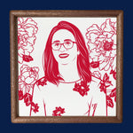 Woman portrait paper cut with floral peony background in wooden frame