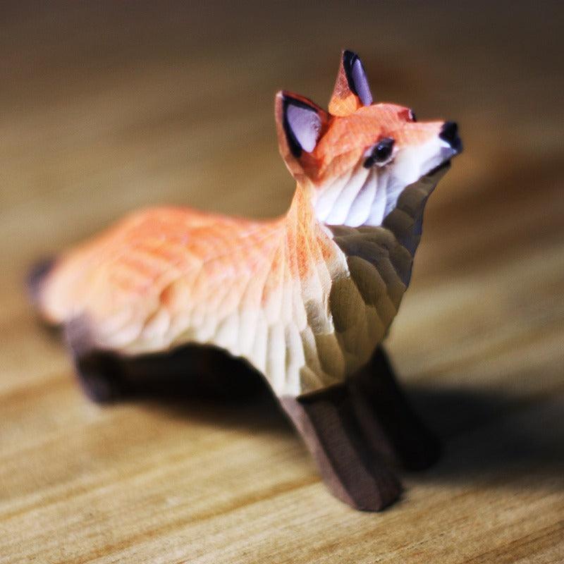 Fox Figurines Hand Carved Painted Wooden