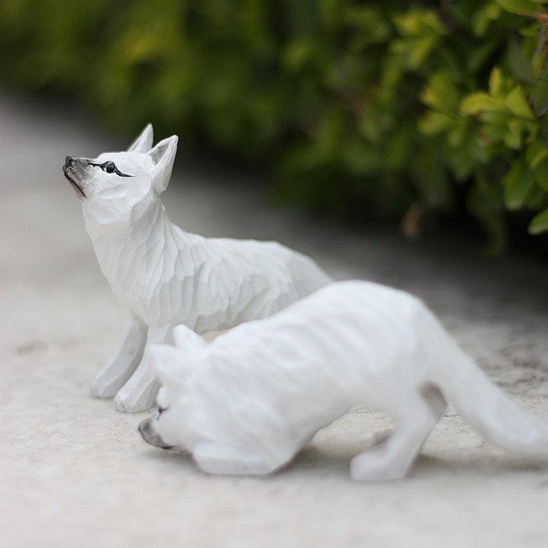 Fox Figurines Hand Carved Painted Wooden