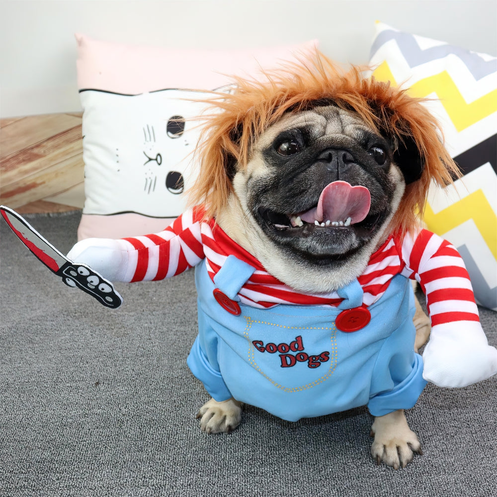 Wig Deadly Doll Dog Pug Clothes Halloween Party Christmas Costume for