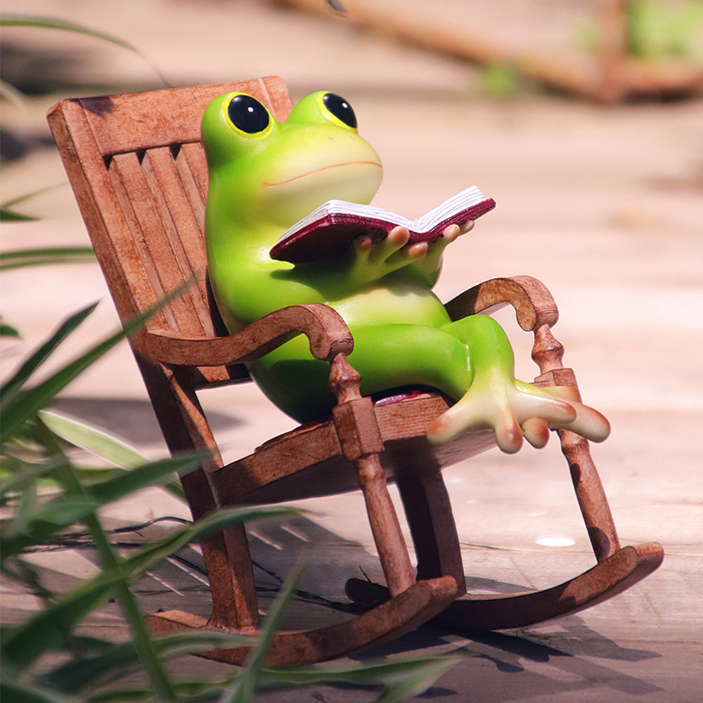 Frog Figurine Sitting on Rocking Chair Reading Book