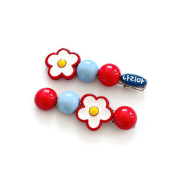 Cherry Red & Blue Daisy Flower Hair Clips Set of 2