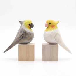 Cockatiel Bird Figurines Hand Carved Painted Wooden