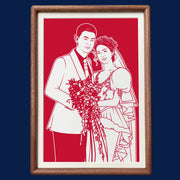 Wedding couple portrait paper cut in wooden frame