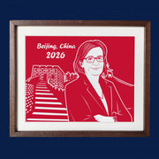 Woman portrait paper cut with Great Wall of China background in wooden frame