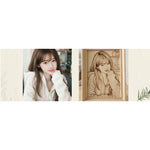 Before and after comparison of original photo and wood carved portrait