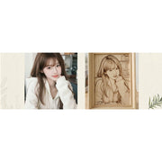 Before and after comparison of original photo and wood carved portrait