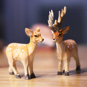 Deer Figurines Hand Carved Painted Wooden