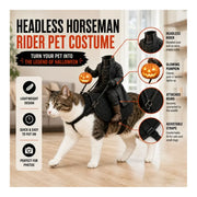 Feature overview of the headless horseman rider pet costume - realistic rider, pumpkin, secure straps, lightweight design