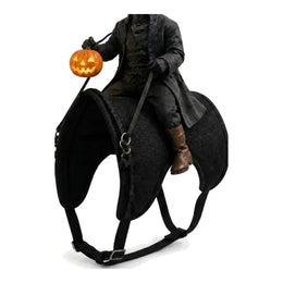 Headless horseman rider pet costume for cats - black saddle outfit with rider figurine and pumpkin