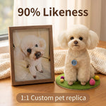 A custom pet replica display showing a small cream-colored poodle figurine sitting on a green base with colorful pom-poms, next to a wooden frame containing a reference photo of the same poodle. Large text overlays read '90% Likeness' and '1:1 Custom pet replica'.