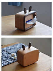 Retro TV Tissue Box Cover Wooden Handmade Rabbit Home Decoration