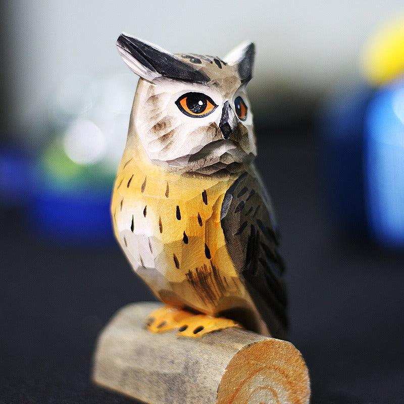 Owl Figurines Hand Carved Painted Wooden