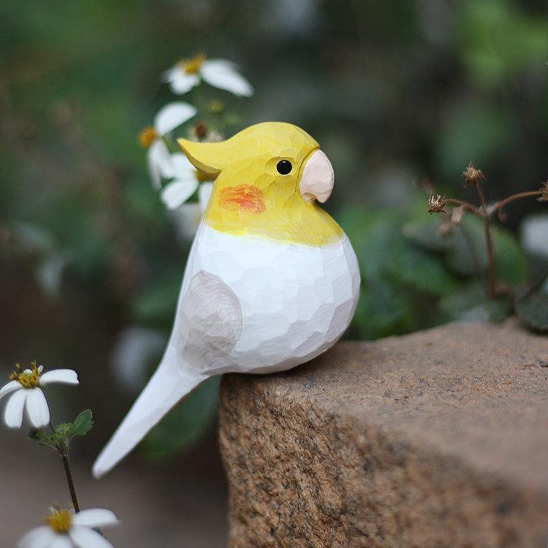 オカメインコの鳥の置物手彫り塗装木製