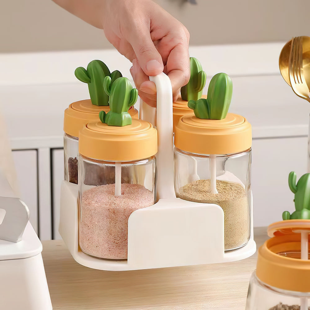 Caja de condimento de vidrio de cactus con cuchara