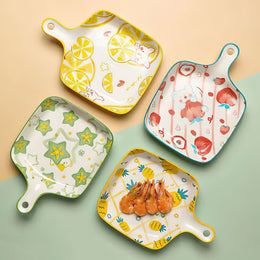 Cherry Peach Star Fruit Orange Pineapple Cartoon Ceramic Plate With Handle - Lazylifeshop