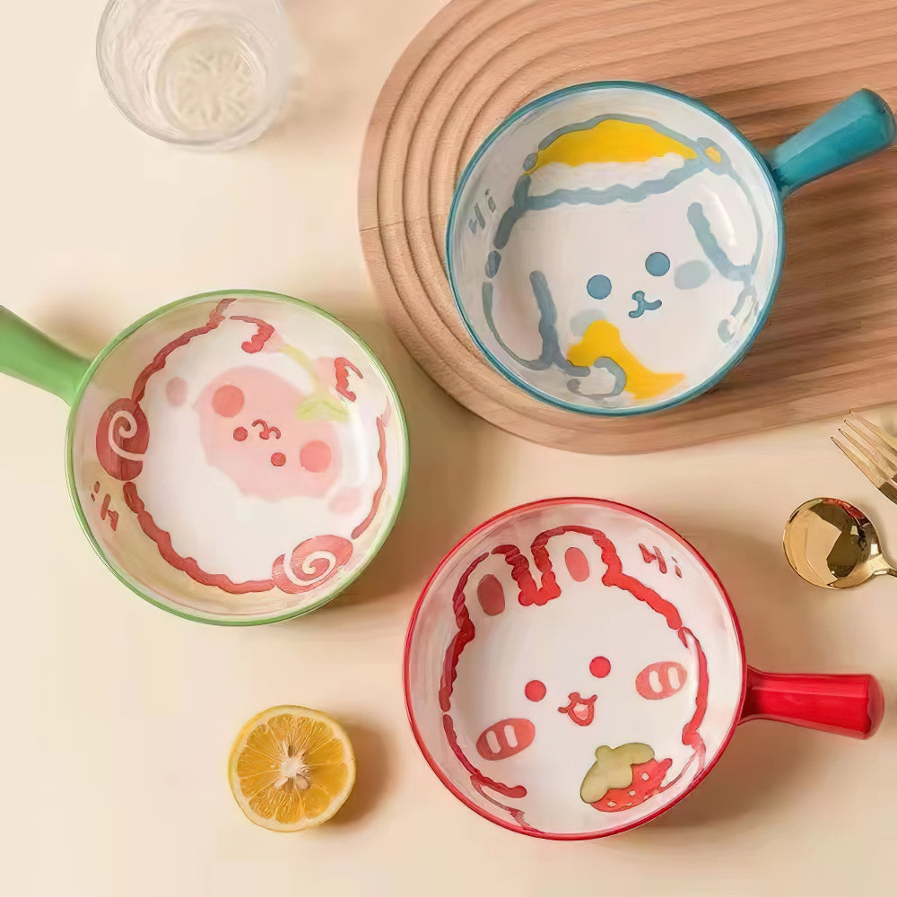 Plato de cerámica de dibujos animados de conejo perro gato oveja con mango