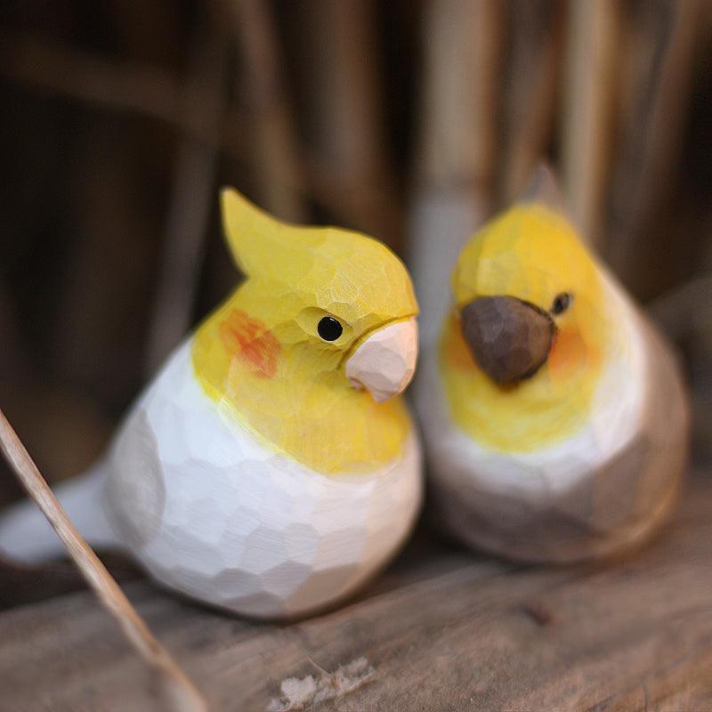 オカメインコの鳥の置物手彫り塗装木製
