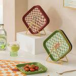 Checkerboard Grid Plastic Dinner Plate With Storage Rack - Lazylifeshop