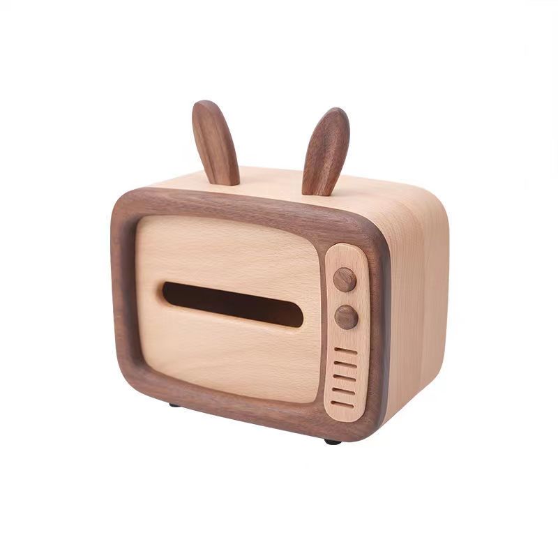 Retro TV caja de pañuelos cubierta de madera hecha a mano conejo decoración del hogar