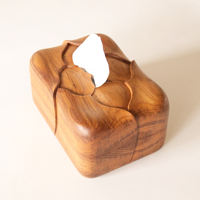 Caja de pañuelos con forma de flor, cubierta de madera tallada a mano, decoración del hogar