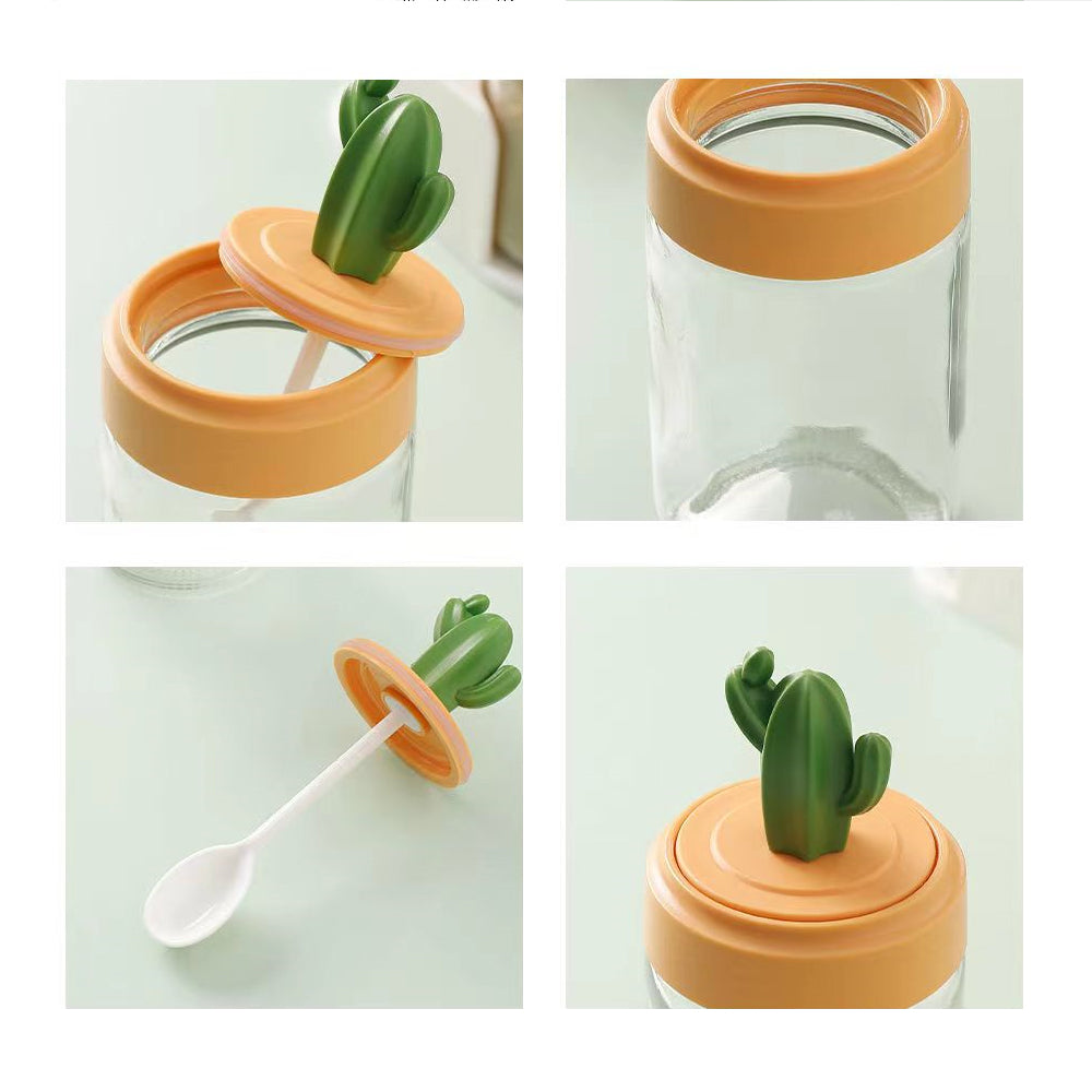 Caja de condimento de vidrio de cactus con cuchara