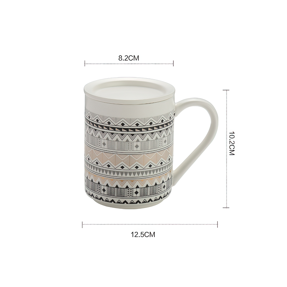 綫條復古新骨瓷杯咖啡杯茶杯帶蓋 370 毫升