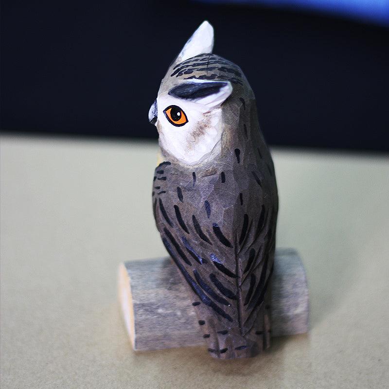 Owl Figurines Hand Carved Painted Wooden