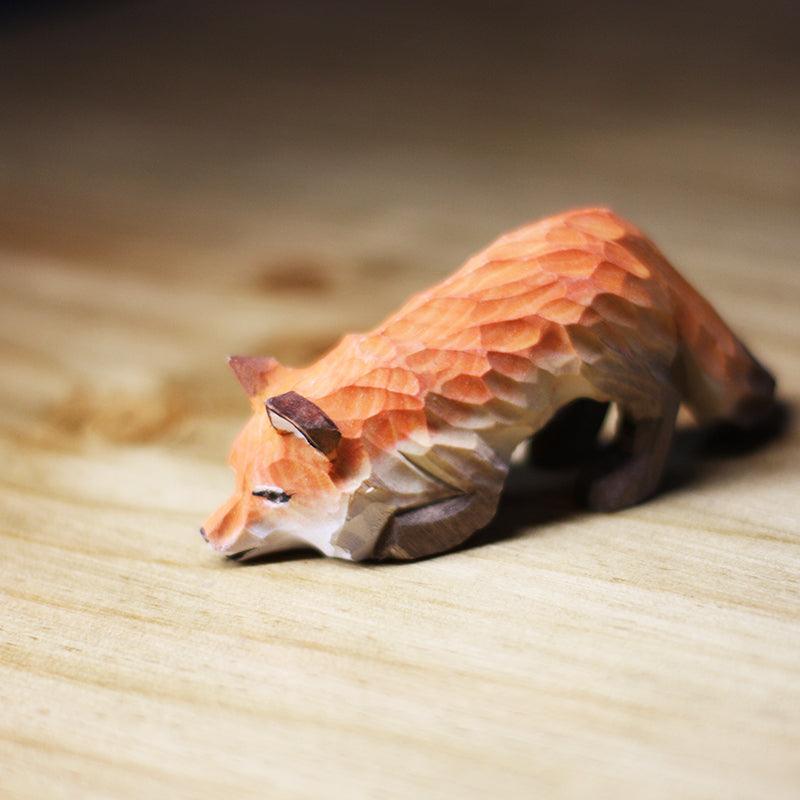 Fox Figurines Hand Carved Painted Wooden