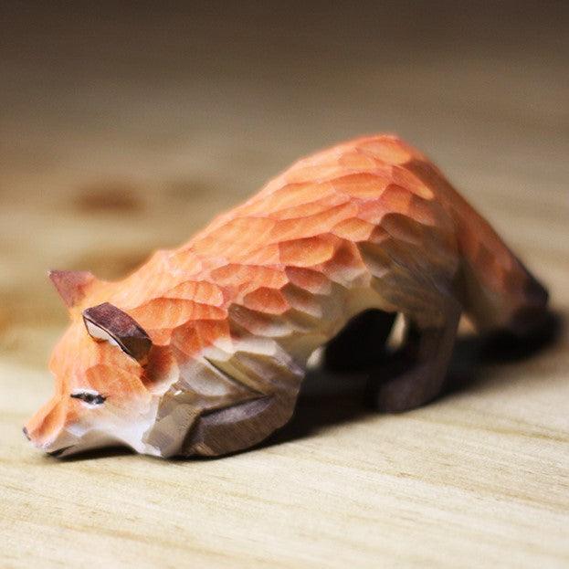Fox Figurines Hand Carved Painted Wooden