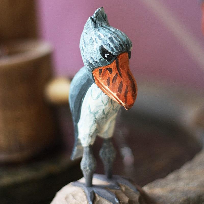 Figuras de pájaro Shoebill talladas a mano de madera pintada