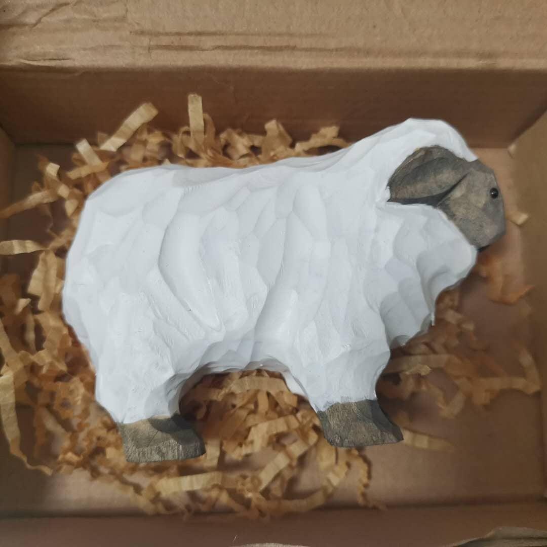 Sheep Figurines Hand Carved Painted Wooden