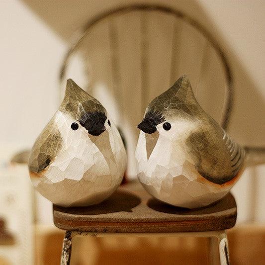 Tufted Titmouse Figurines Hand Carved Painted Wooden