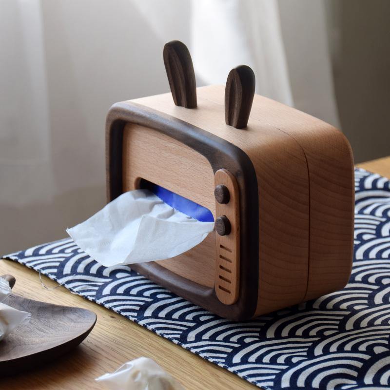 Retro TV caja de pañuelos cubierta de madera hecha a mano conejo decoración del hogar
