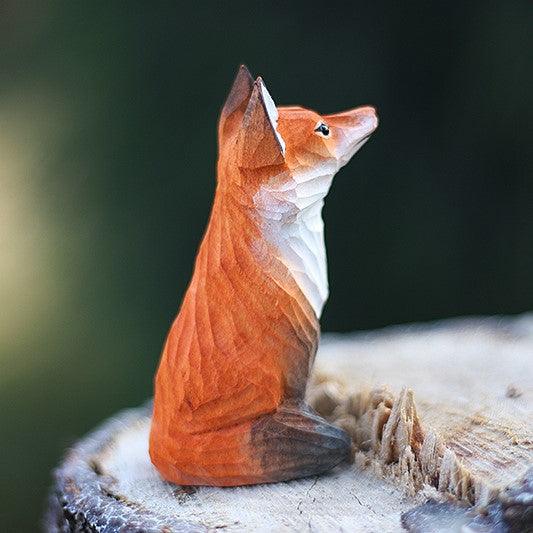 Fox Figurines Hand Carved Painted Wooden