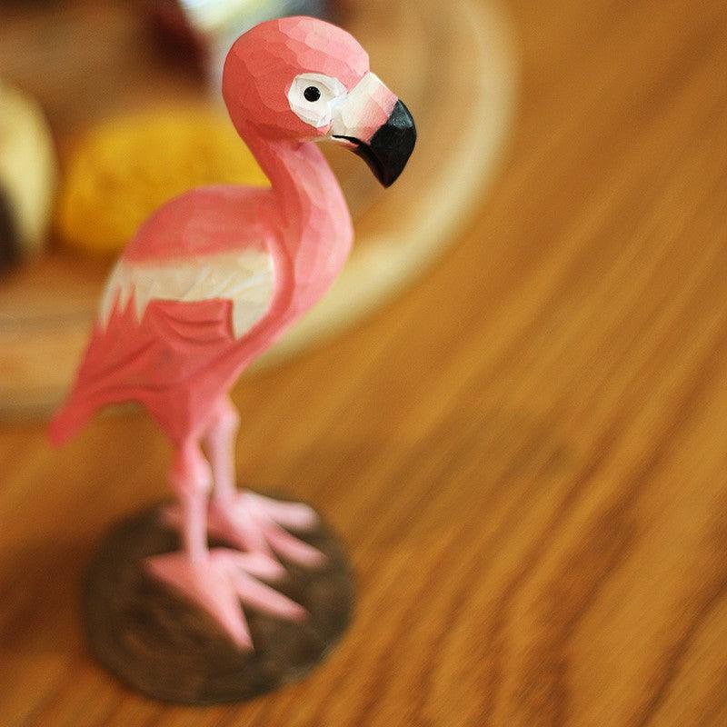フラミンゴの鳥の置物手彫り塗装木製