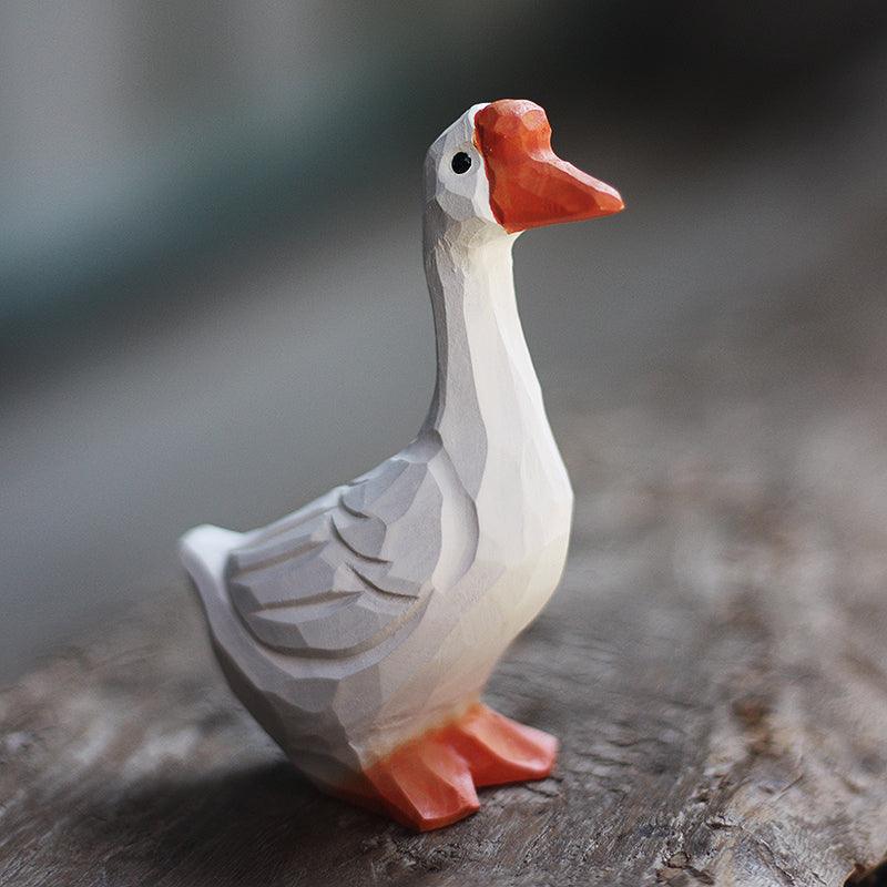 Goose Figurines Hand Carved Painted Wooden