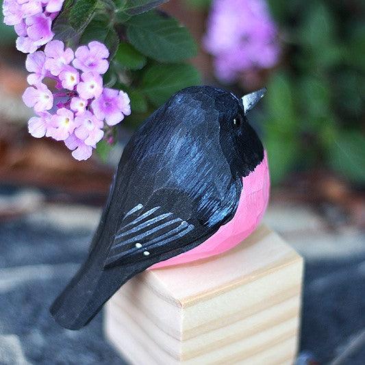 Pink Robin Bird Figurines Hand Carved Painted Wooden