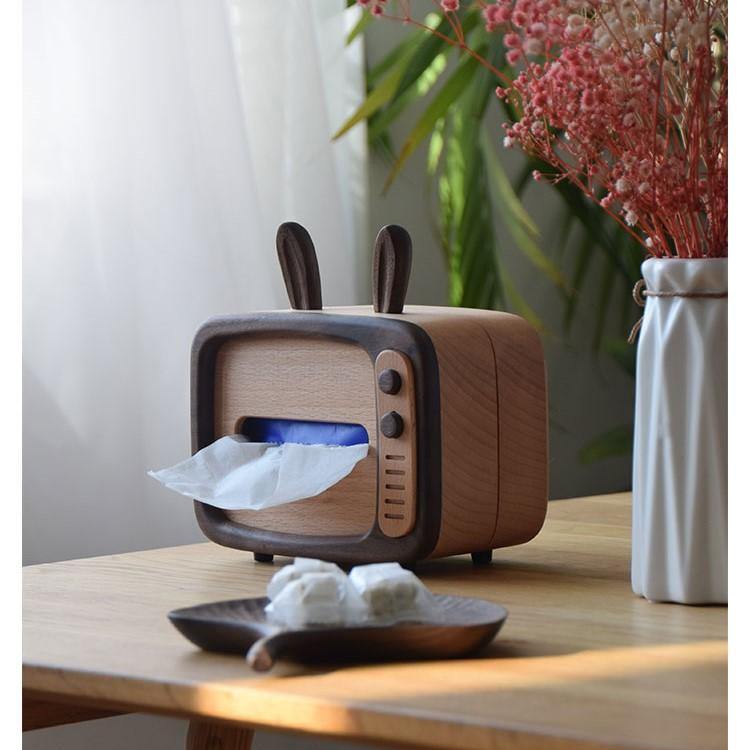 Retro TV caja de pañuelos cubierta de madera hecha a mano conejo decoración del hogar