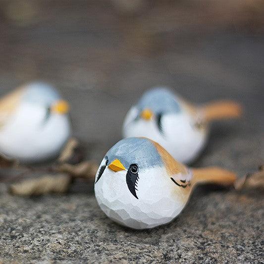 Bearded Tit Figurines Hand Carved Painted Wooden
