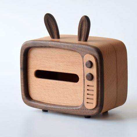 Retro TV Tissue Box Cover Wooden Handmade Rabbit Home Decoration