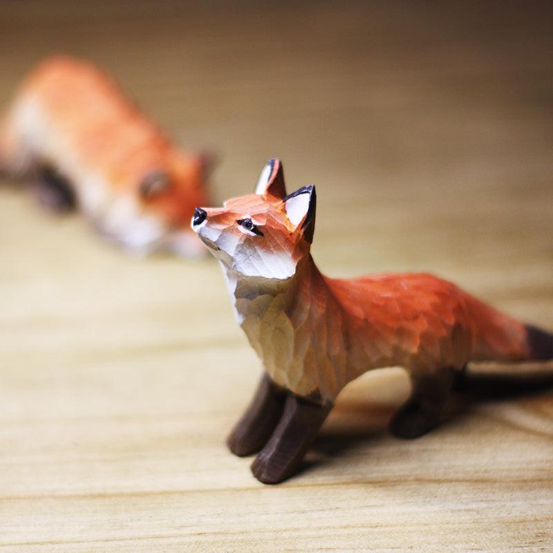 Fox Figurines Hand Carved Painted Wooden