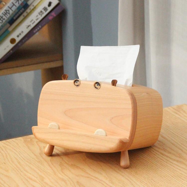 Tissue Box Cover with Phone Holder Wooden Handmade Hippo Decoration