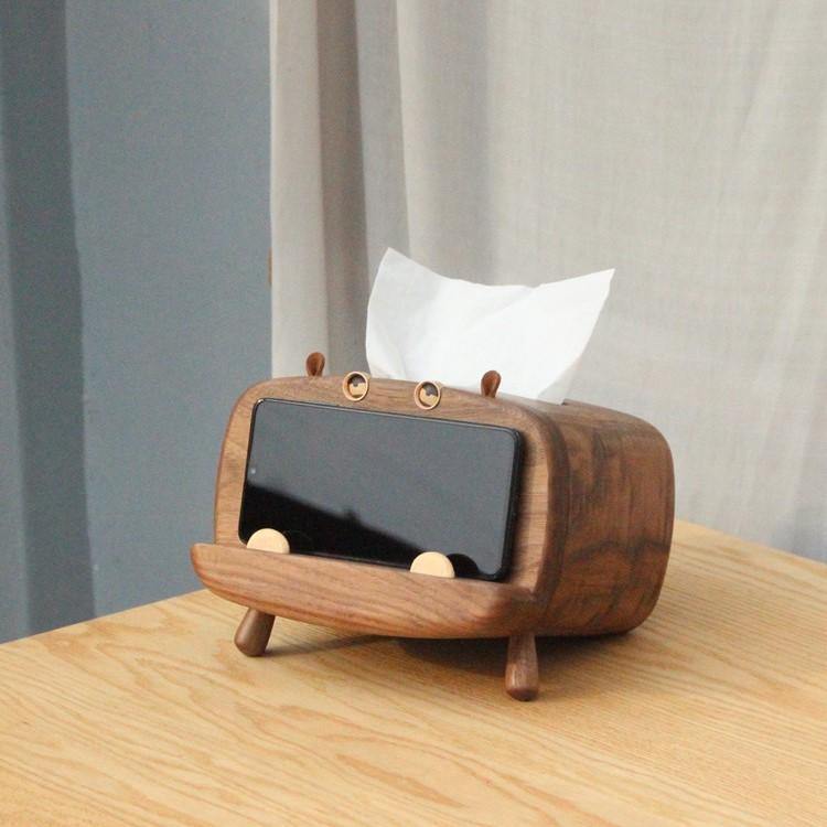 紙巾盒帶手機座木製手工河馬裝飾