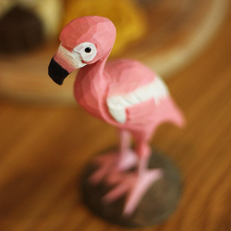 フラミンゴの鳥の置物手彫り塗装木製