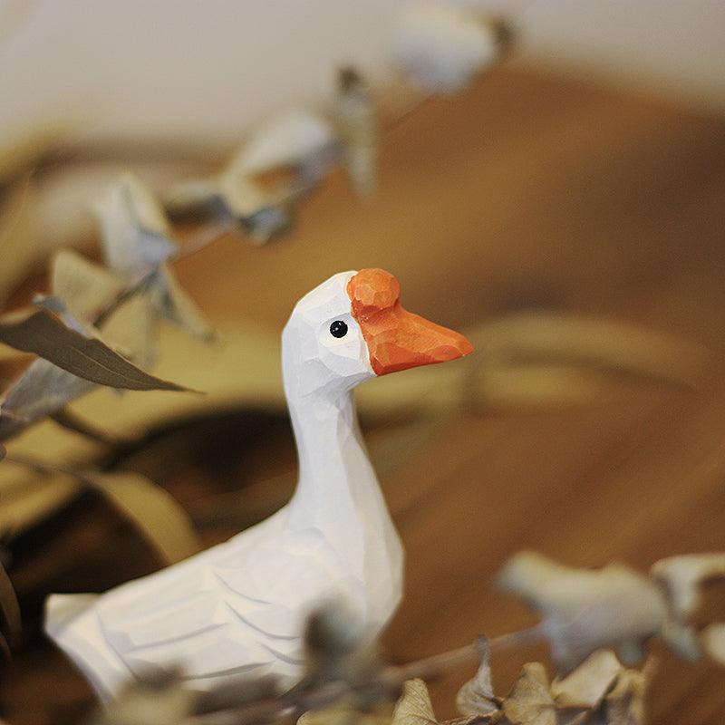 Goose Figurines Hand Carved Painted Wooden