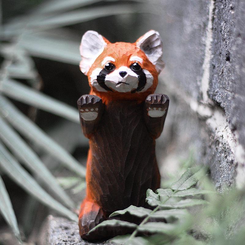 Red Panda Figurines Hand Carved Painted Wooden