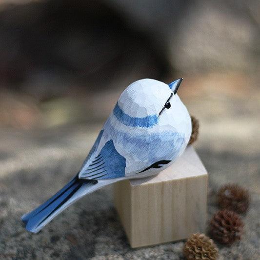 Azure tit Bird Figurines Hand Carved Painted Wooden