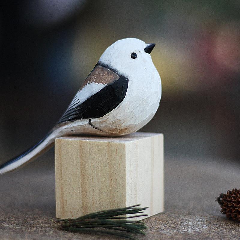 Aegithalidae Bird Figurines Hand Carved Painted Wooden