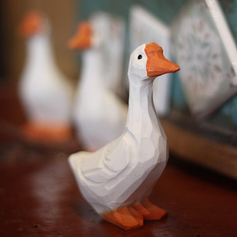 Goose Figurines Hand Carved Painted Wooden